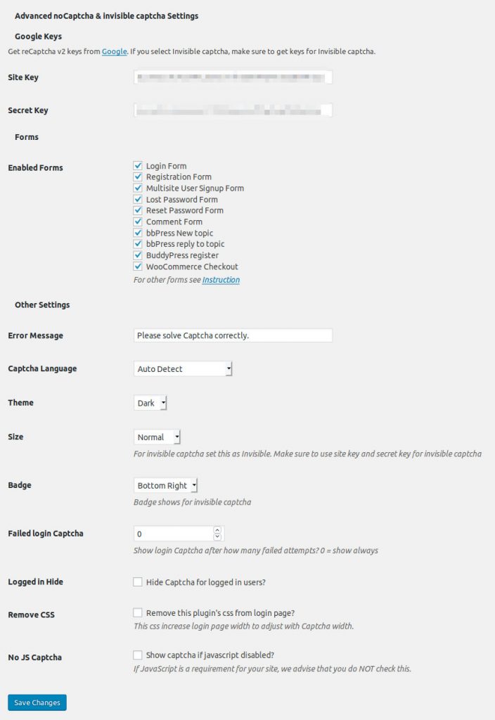 Advanced noCaptcha & invisible Captcha配置