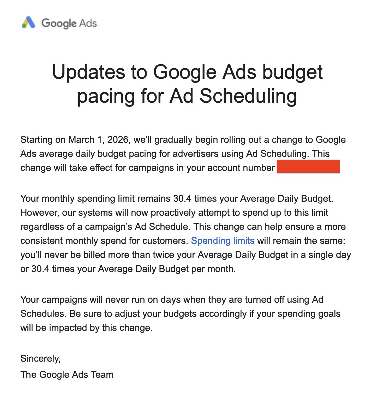 Image 115: Google Ads Budget Pacing For Ad Scheduling Update Email 1771541859